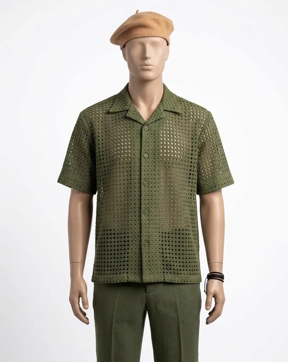 Camp shirt, olive crochet
